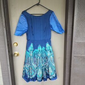 Tracy Reese New York Blue Leather Sleeve Detail Paisley Fit and Flare Dress